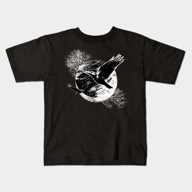 Flying Moon Raven Kids T-Shirt by Esoteric Origins